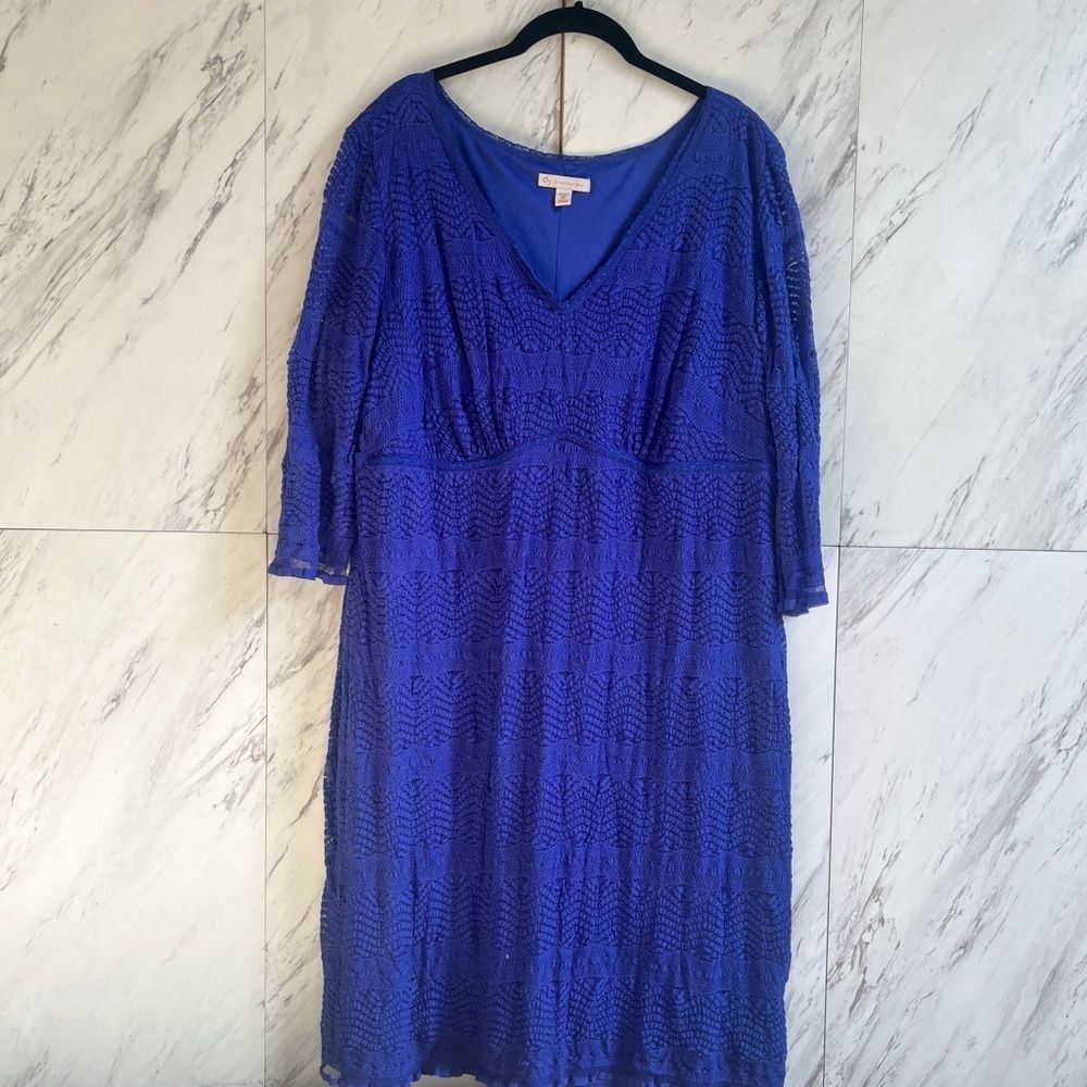 3/$50 Dressbarn Royal Blue Lace Overlay V Neck Midi Dress 20W 3/4 Sleeve Plus